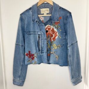 Pilcro and the Letterpress Light Blue Denim Jacket with Red Floral Embroidery